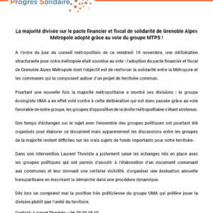 Communiqué de presse  : La majorité divisée sur le pacte financier et fiscal de solidarité de Grenoble Alpes Métropole adopté grâce au vote du groupe MTPS !